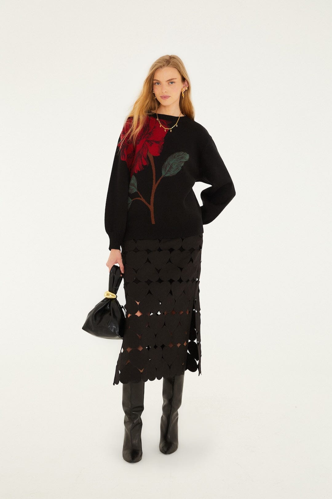 Black Hearts Euroflax Premium Linen Midi Skirt - FARM Rio BLACK