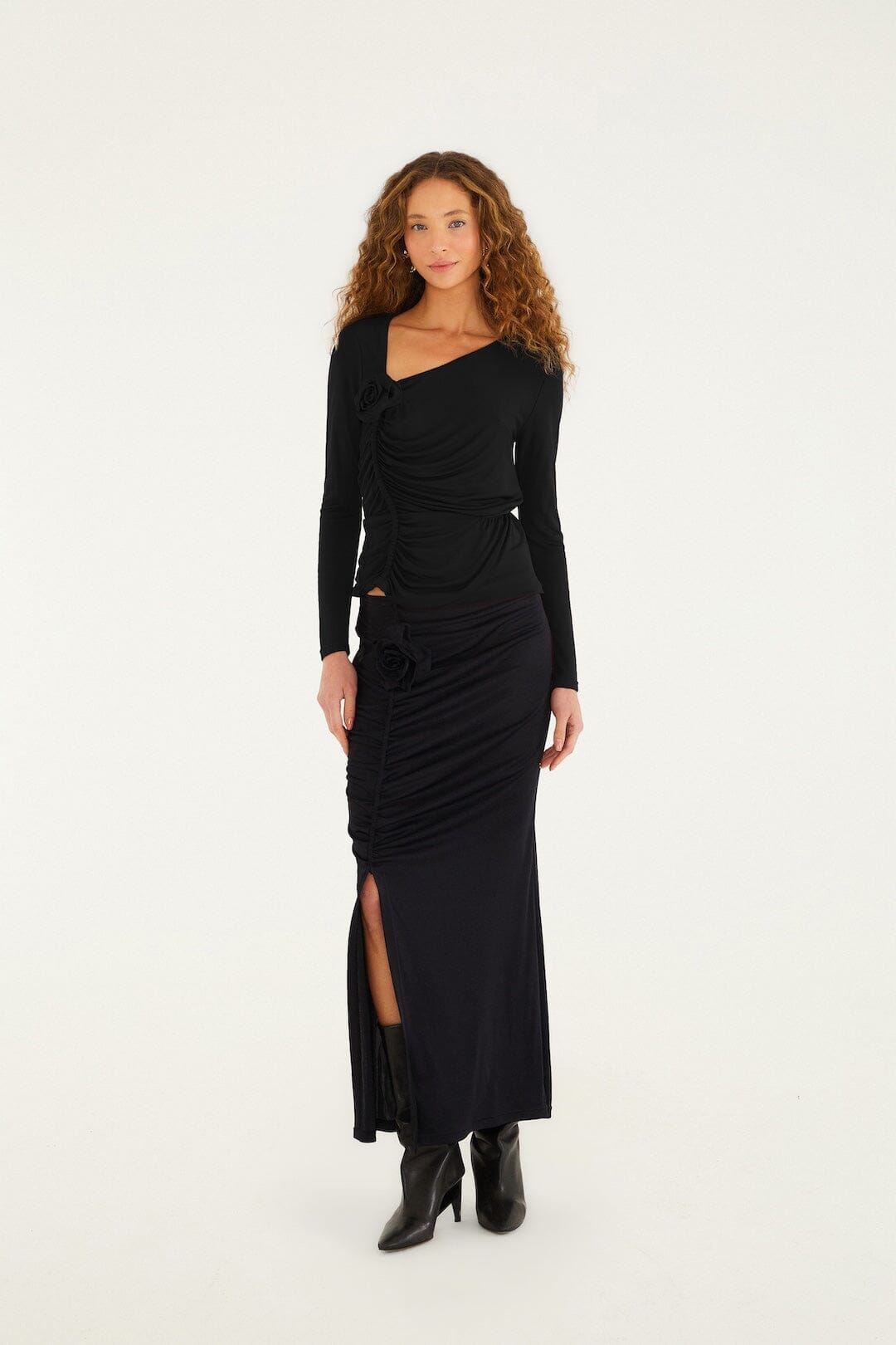Black Flower Draped Side Slit Midi Skirt - FARM Rio BLACK