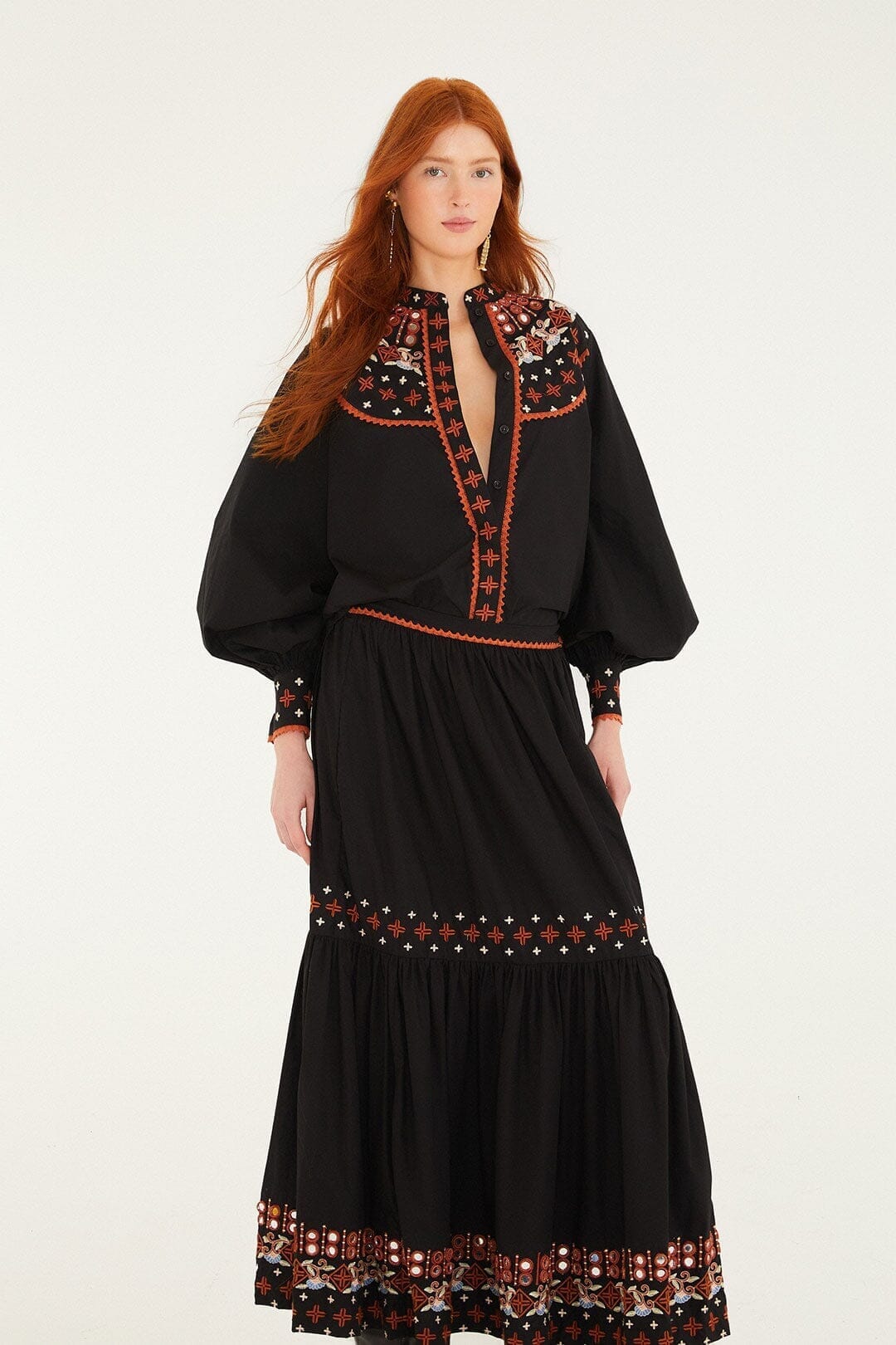 Black Embroidered Tiered Maxi Skirt - FARM Rio BLACK