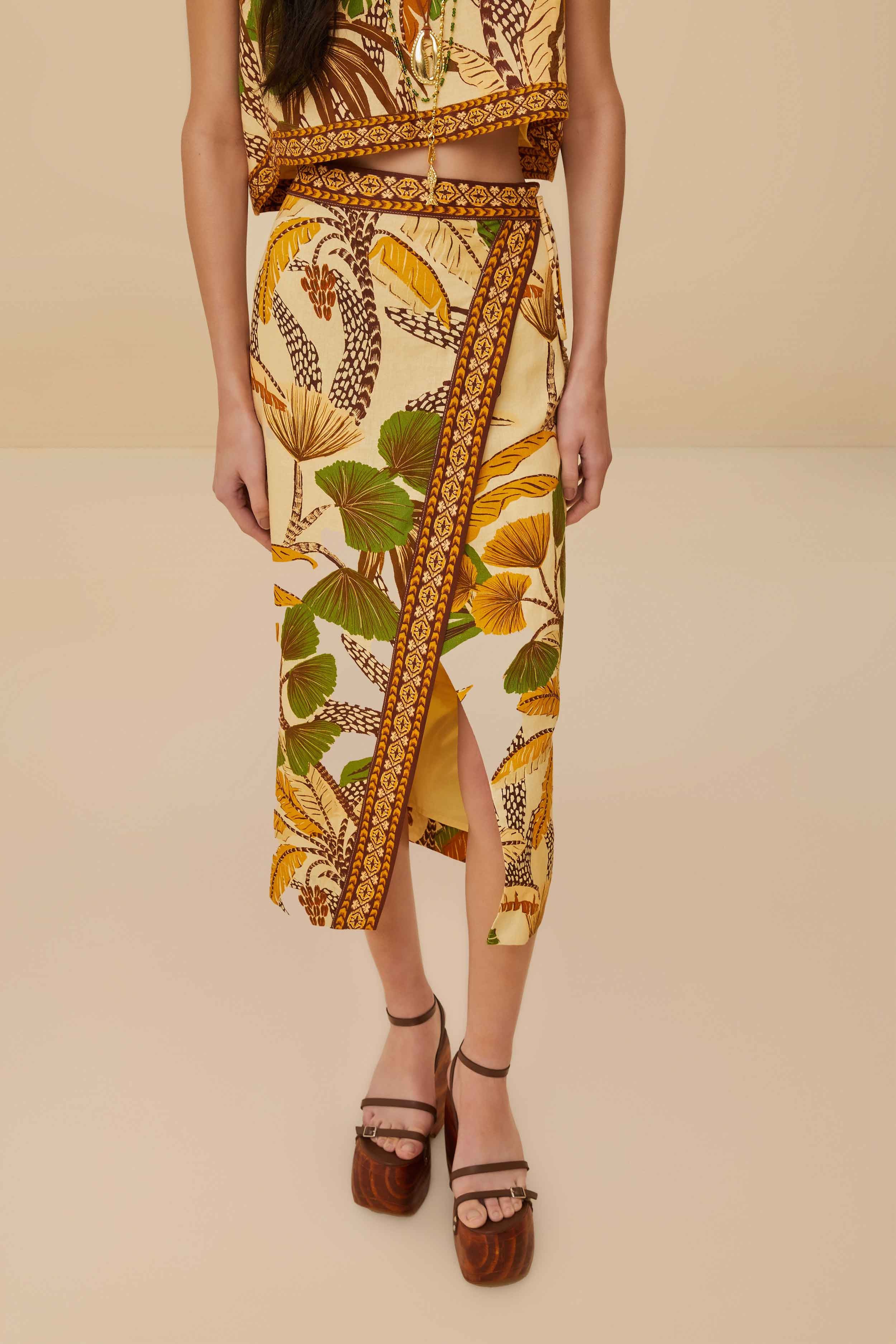 Sand Foliage Sketch LENZING™ ECOVERO™ Euroflax™ Midi Skirt - FARM Rio FOLIAGE SKETCH SAND