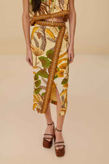 Sand Foliage Sketch LENZING™ ECOVERO™ Euroflax™ Midi Skirt - FARM Rio FOLIAGE SKETCH SAND