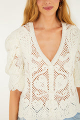Off-White Rococo Hearts Crochet Cardigan - FARM Rio SAND