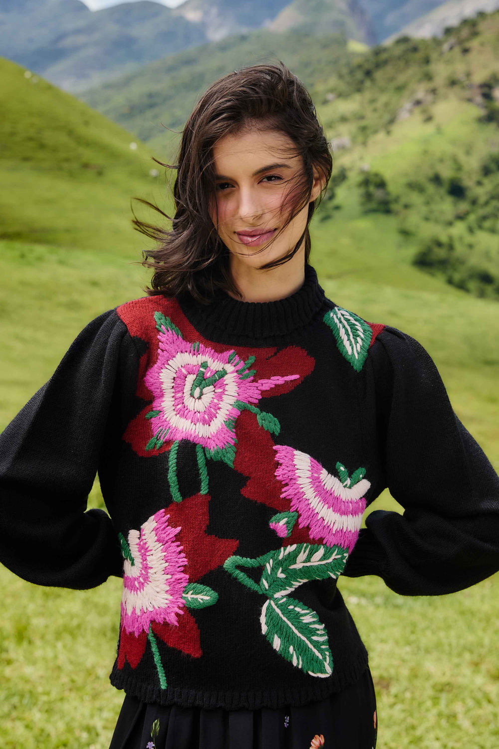 Black Bold Colorful Flower Embroidered Knit Sweater - FARM Rio BOLD COLORFUL FLOWER