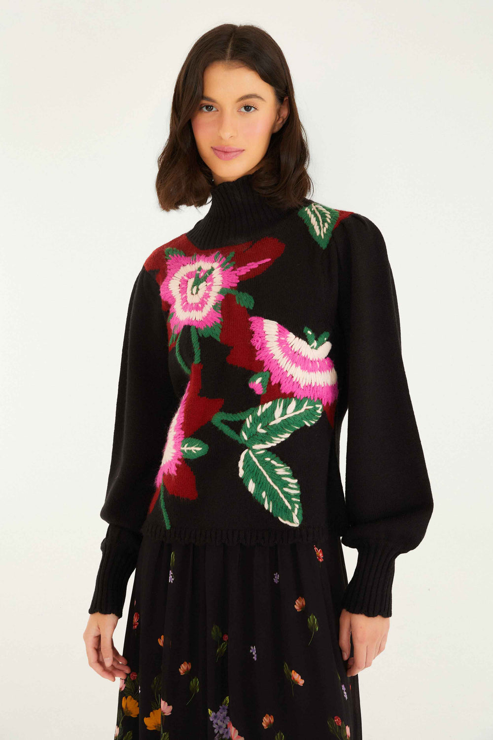Black Bold Colorful Flower Embroidered Knit Sweater - FARM Rio BOLD COLORFUL FLOWER