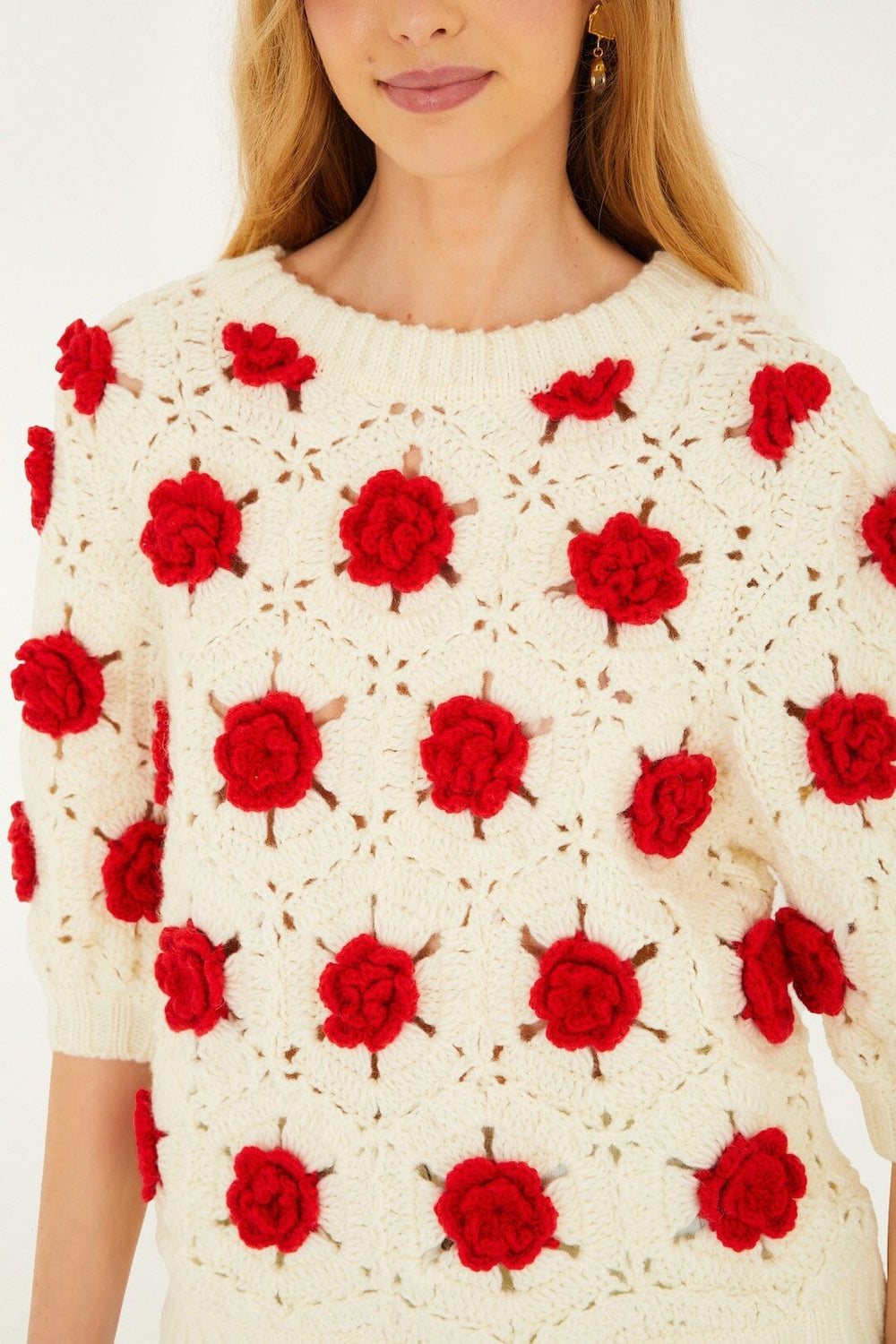 Red Flower Crochet Knit Blouse - FARM Rio OFF-WHITE