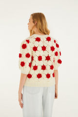 Red Flower Crochet Knit Blouse - FARM Rio OFF-WHITE