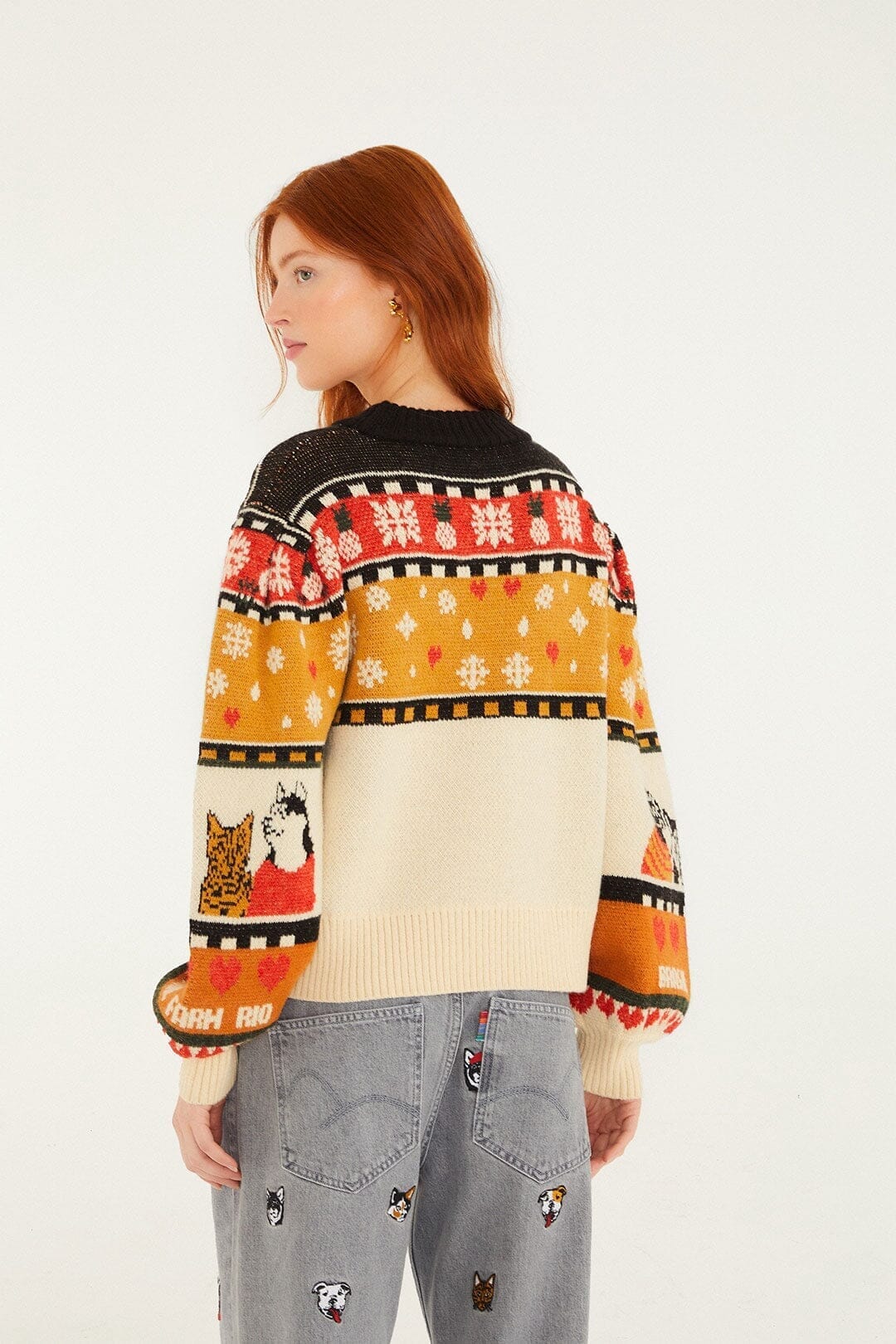 Multicolor Naughty And Nice Puff Sleeve Knit Sweater - FARM Rio SAND