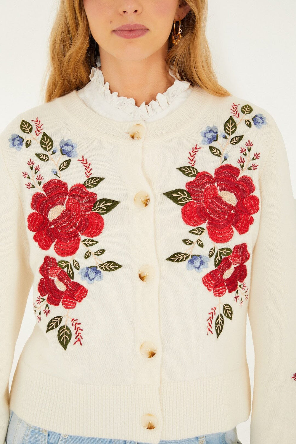 Cream Embroidered Flowers Buttoned Knit Cardigan - FARM Rio CREAM