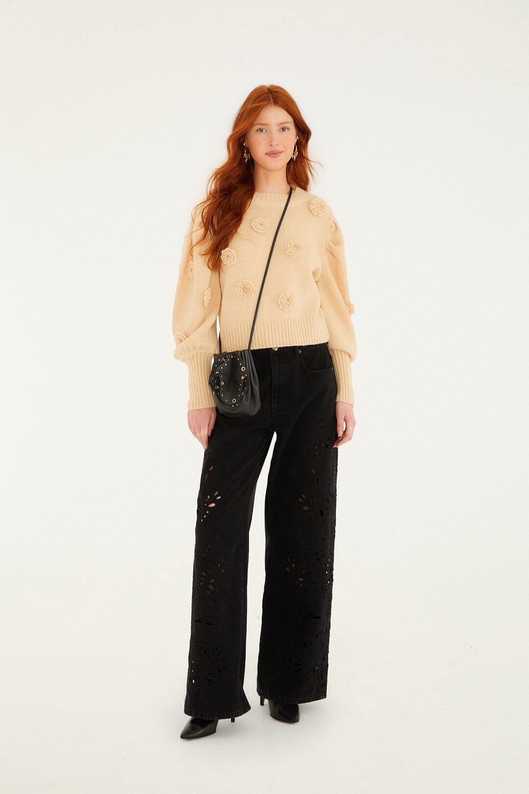 Sand Crochet 3d Flower Dropped Shoulder Knit Sweater - FARM Rio SAND
