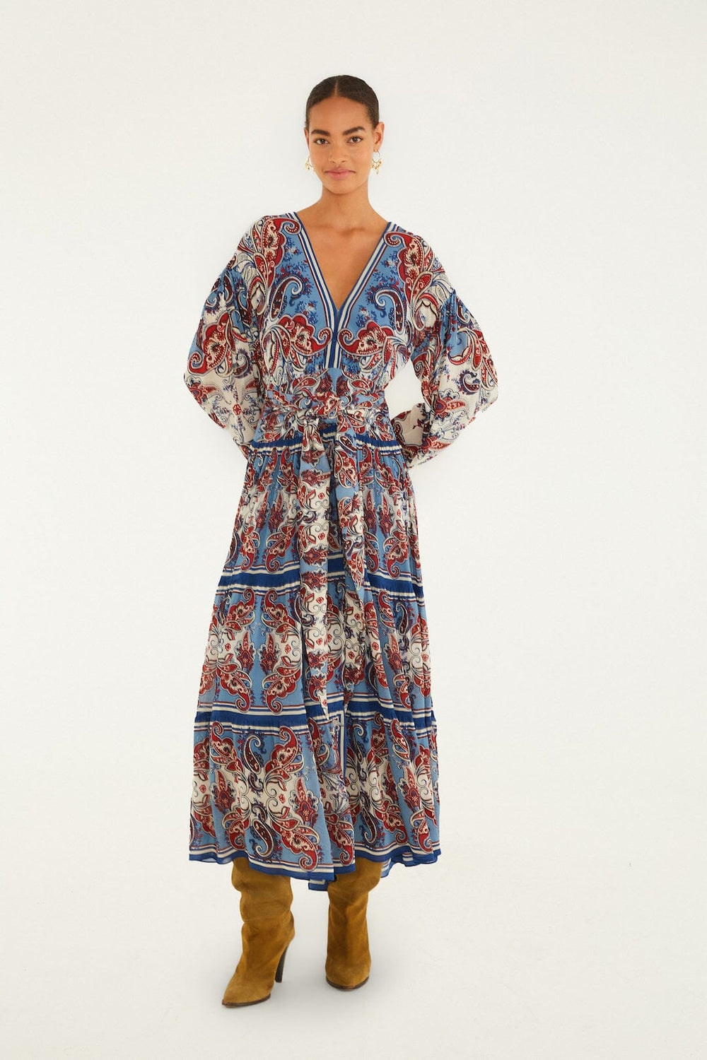 Blue Paisley Scarf Long Sleeve Maxi Dress - FARM Rio PAISLEY SCARF CREAM