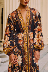 Black Majestic Garden Buttoned Puff Sleeve Maxi Dress - FARM Rio MAJESTIC GARDEN BLACK