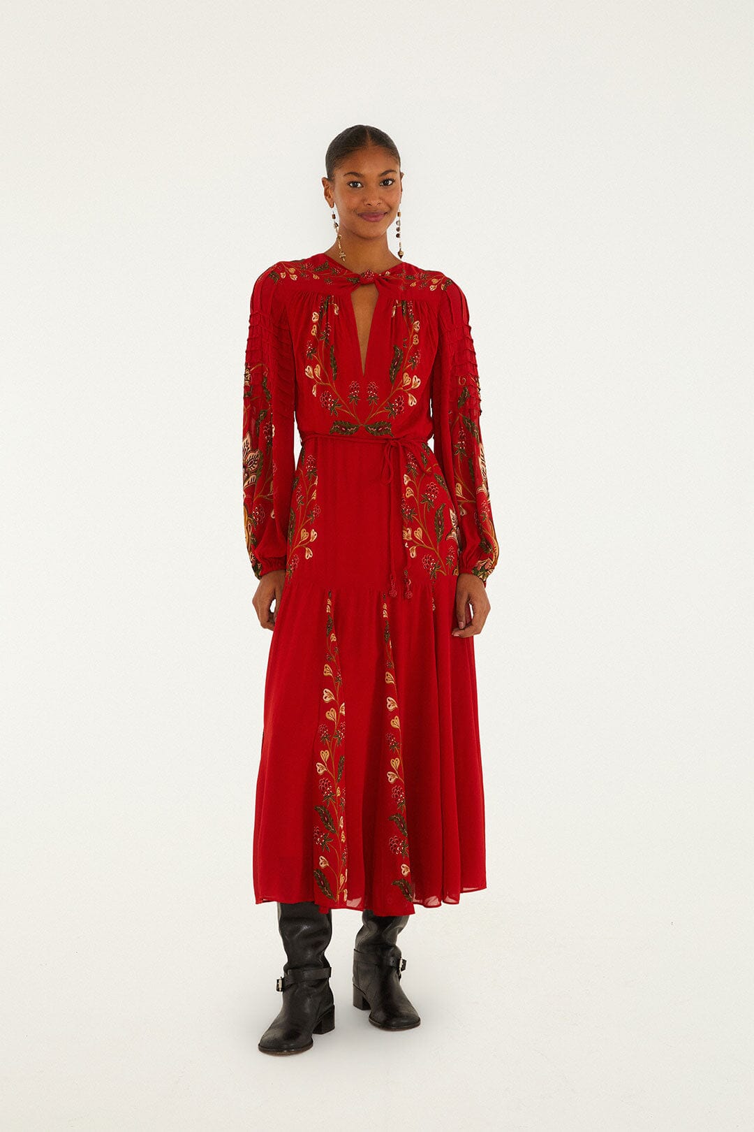 Red Berry Garden Long Sleeve Pleated Maxi Dress - FARM Rio BERRY GARDEN RED