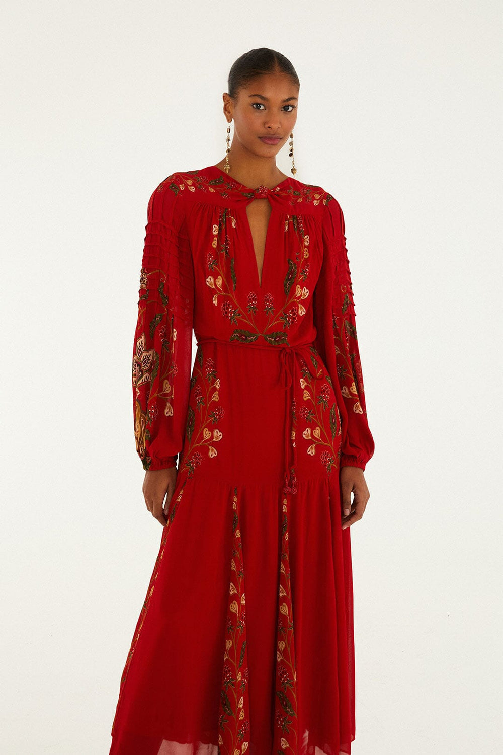 Red Berry Garden Long Sleeve Pleated Maxi Dress - FARM Rio BERRY GARDEN RED