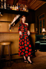 Black Latin Roses 3d Flower One-Shoulder Draped Maxi Dress - FARM Rio LATIN ROSES BLACK