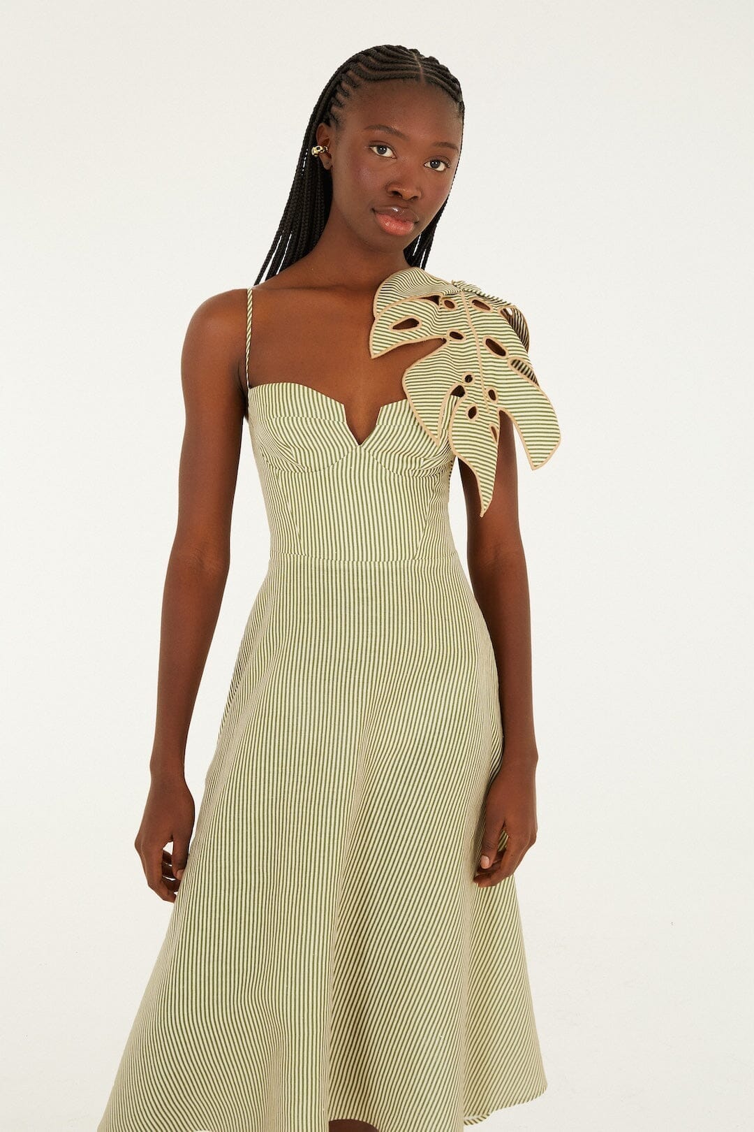 Green Striped 3d Monstera Leaf Euroflax Premium Linen Midi Dress - FARM Rio GREEN