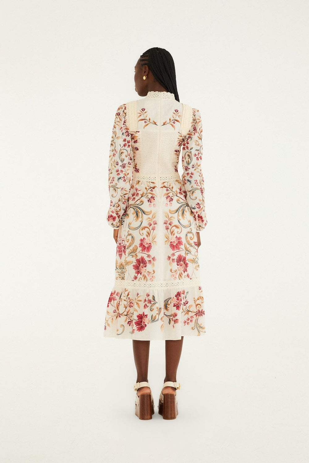 Cream Royal Garden Long Sleeve Crochet Midi Dress - FARM Rio MALU WINTER WHITE