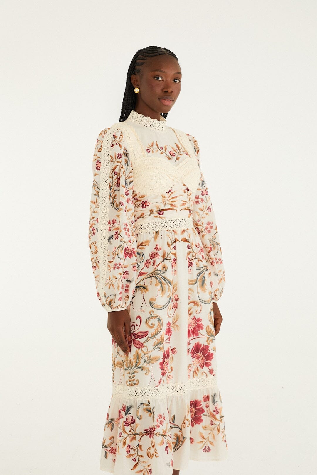 Cream Royal Garden Long Sleeve Crochet Midi Dress - FARM Rio MALU WINTER WHITE