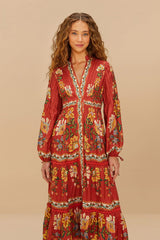 Red Garden Delight Long Sleeve Midi Dress - FARM Rio GARDEN DELIGHT RED