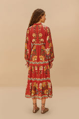 Red Garden Delight Long Sleeve Midi Dress - FARM Rio GARDEN DELIGHT RED