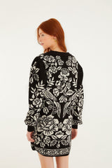 Black And White Cashew And Birds Knit Mini Dress - FARM Rio CASHEW AND BIRDS BLACK