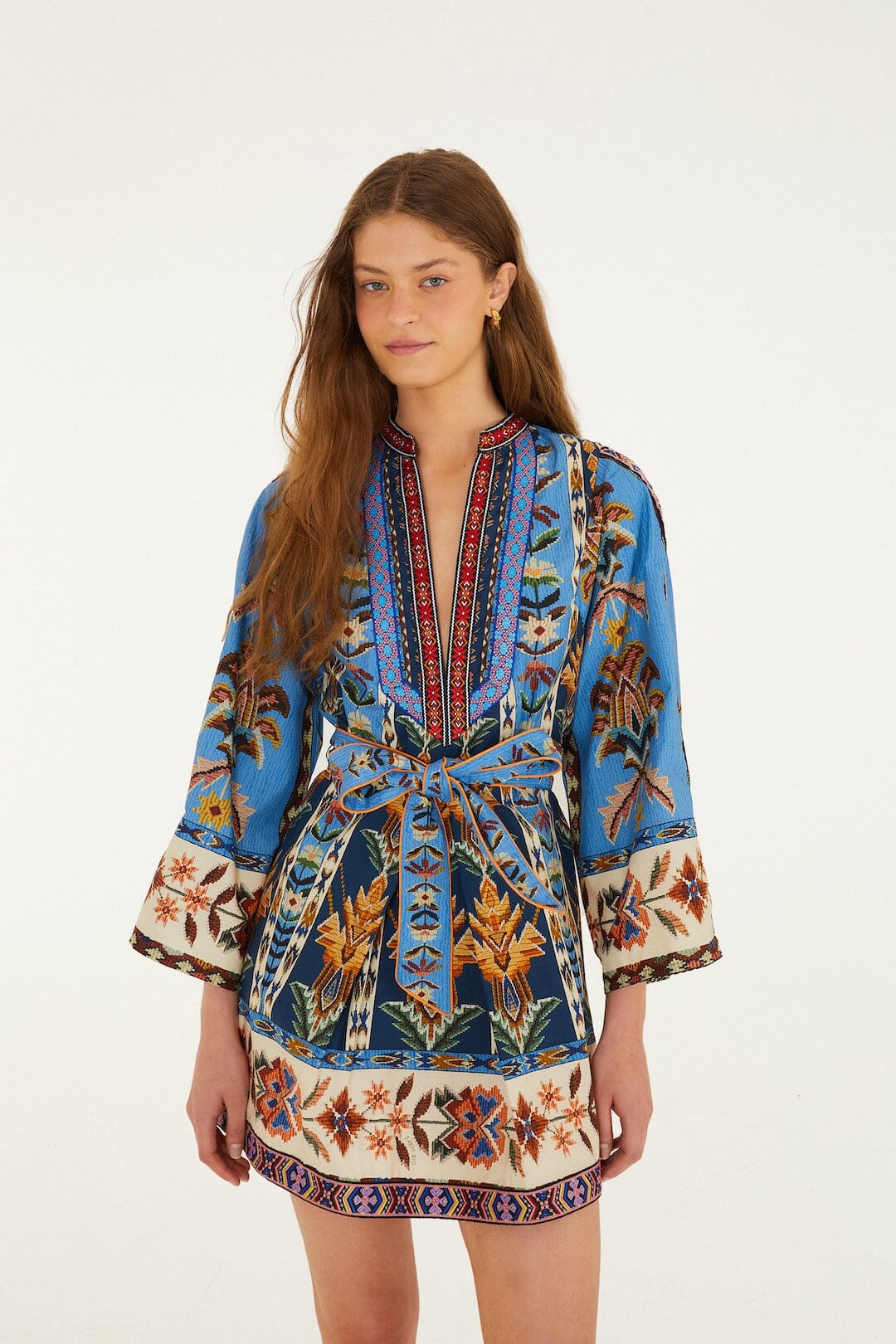 Blue Embroidered Tapestry Organic Cotton Mini Dress - FARM Rio EMBROIDERED TAPESTRY BLUE