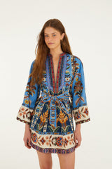 Blue Embroidered Tapestry Organic Cotton Mini Dress - FARM Rio EMBROIDERED TAPESTRY BLUE