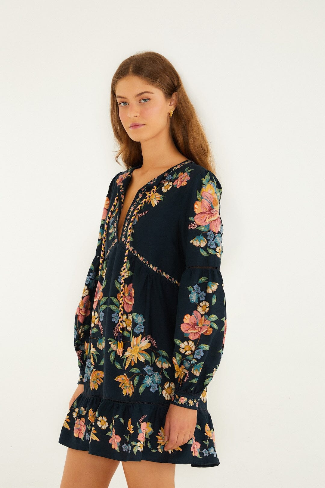 Dark Blue Maira Floral Lenzing Ecovero Euroflax Mini Dress - FARM Rio MAIRA FLORAL DARK BLUE