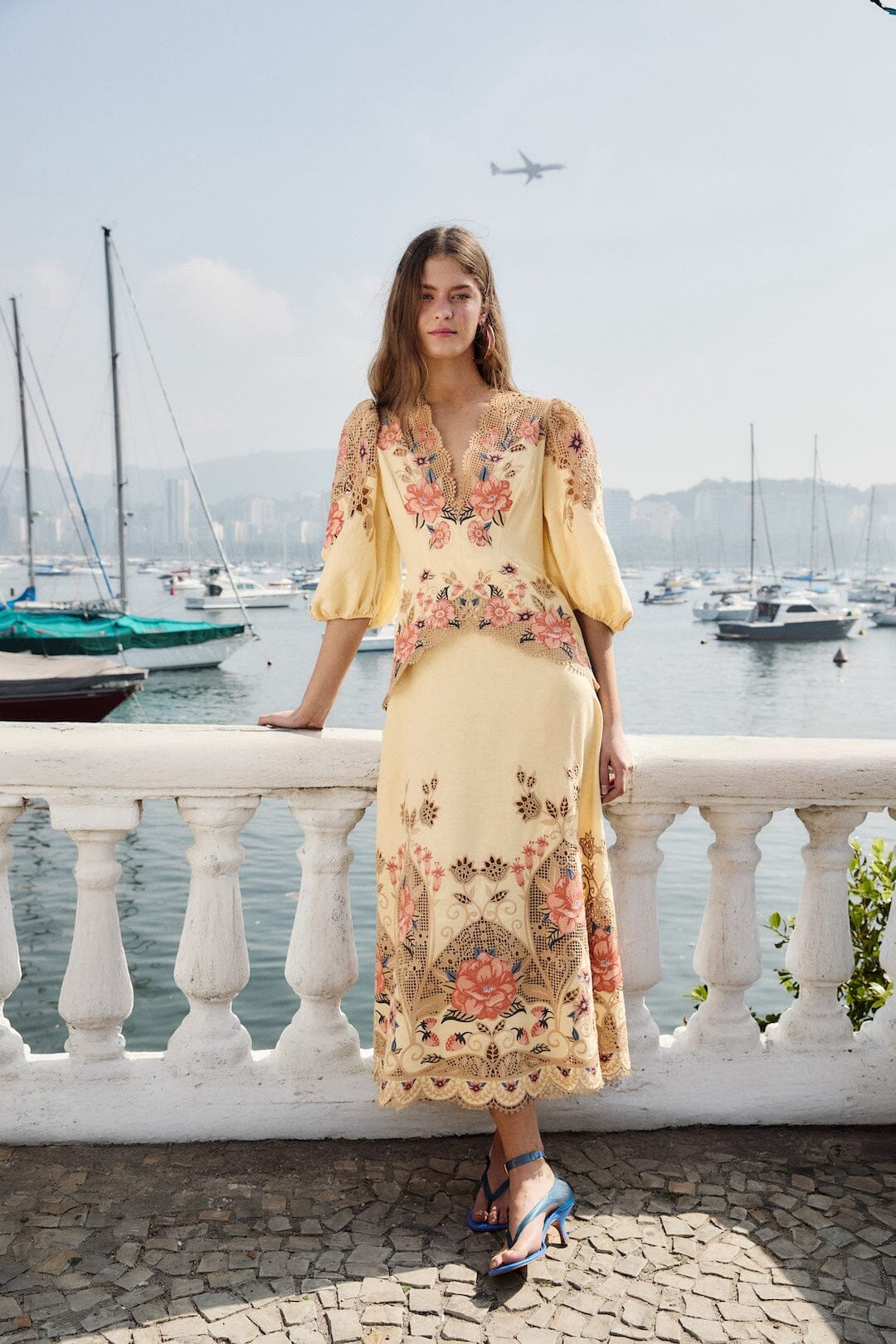 Butter Yellow Embroidered Lenzing Ecovero Euroflax Midi Dress - FARM Rio FLOWER POETRY SAND
