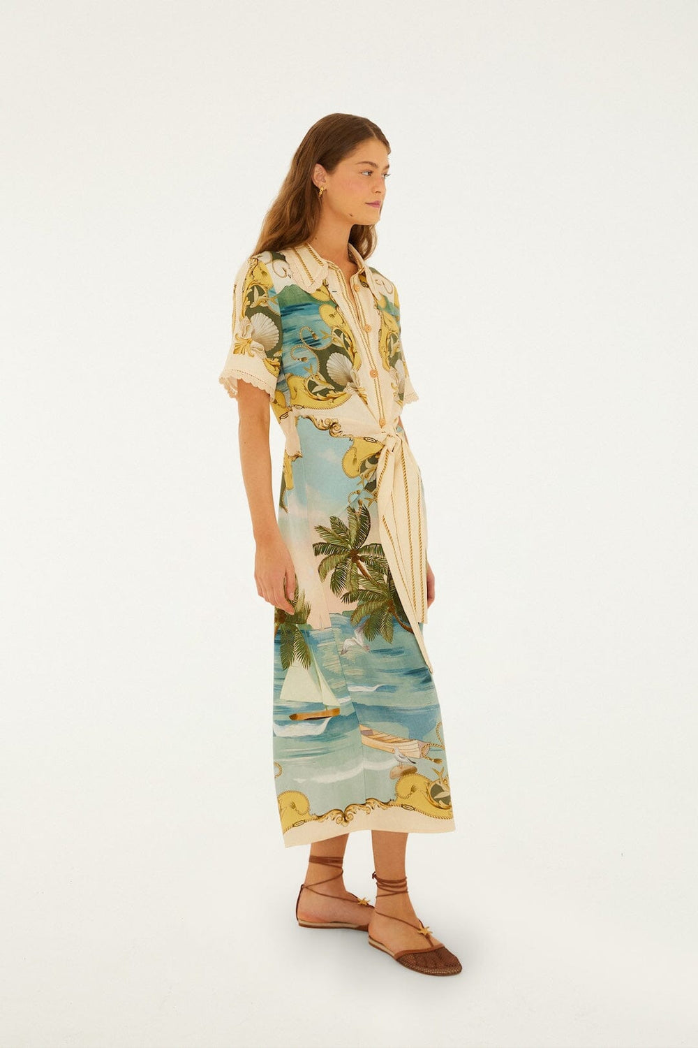 Off-White Royal Sea Collared Lenzing Ecovero Euroflax Midi Dress - FARM Rio ROYAL SEA MULTICOLOR