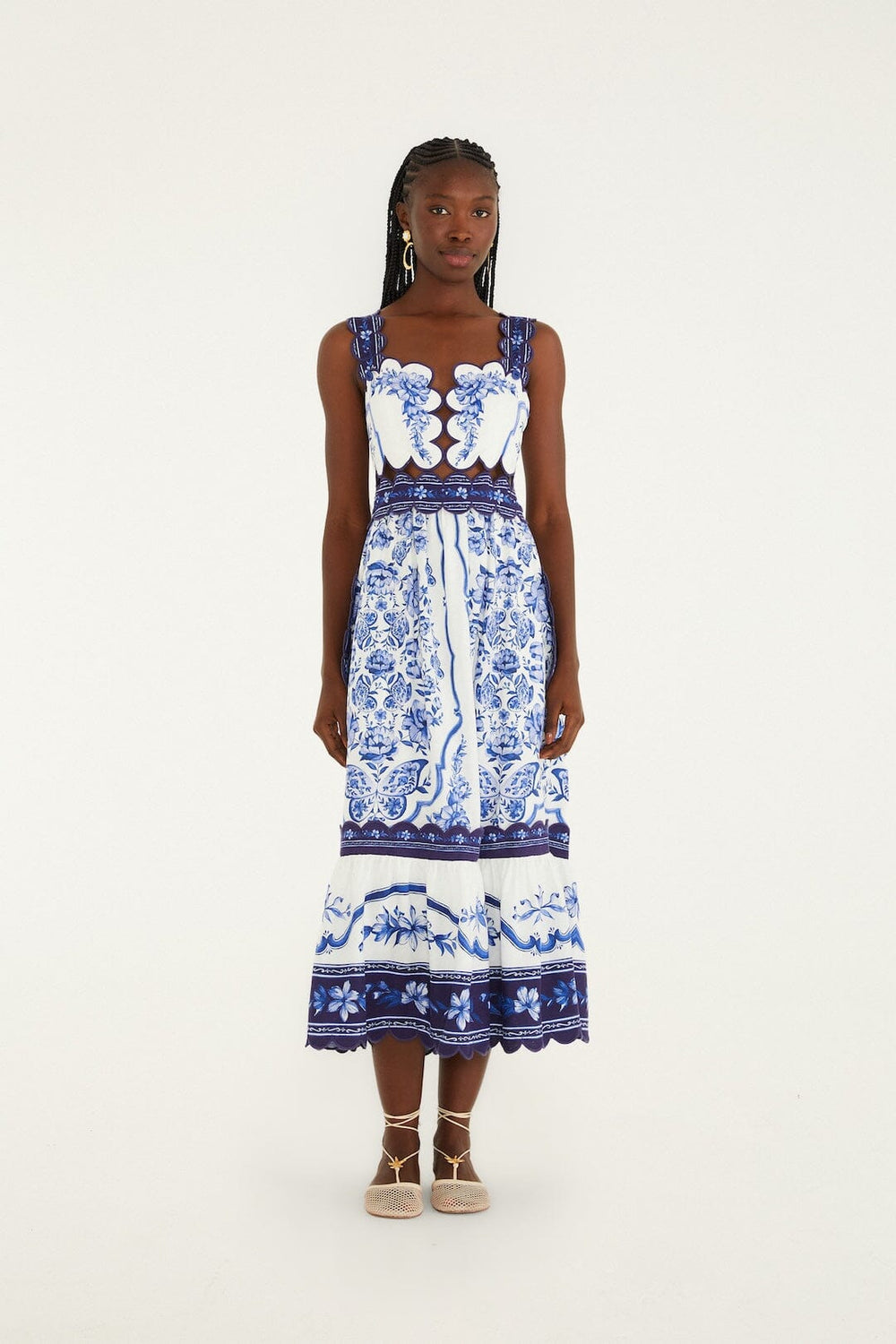 Off-White Porcelain Garden Cut-Out Lenzing Ecovero Euroflax Midi Dress - FARM Rio PORCELAIN GARDEN OFF-WHITE