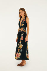 Dark Blue Maira Floral Euroflax Premium Linen Midi Dress - FARM Rio MAIRA FLORAL DARK BLUE