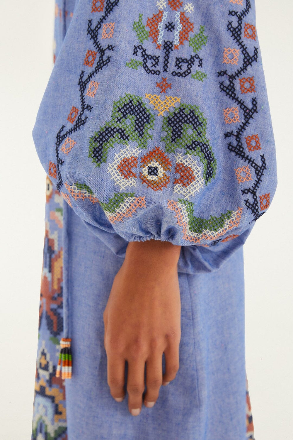 Blue Garden Tapestry Embroidered Long Sleeve Midi Dress - FARM Rio GARDEN TAPESTRY BLUE