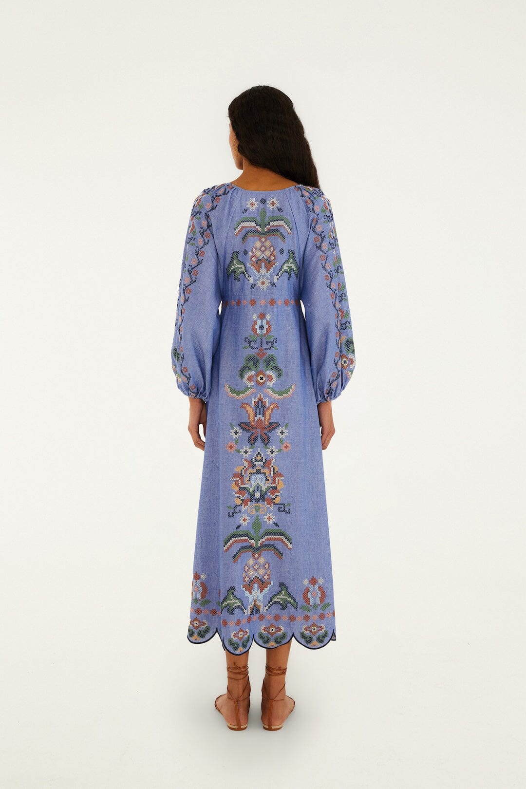 Blue Garden Tapestry Embroidered Long Sleeve Midi Dress - FARM Rio GARDEN TAPESTRY BLUE