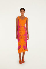 Pinke Cutwork Euroflax Premium Linen Midi Dress - FARM Rio PINK AND ORANGE