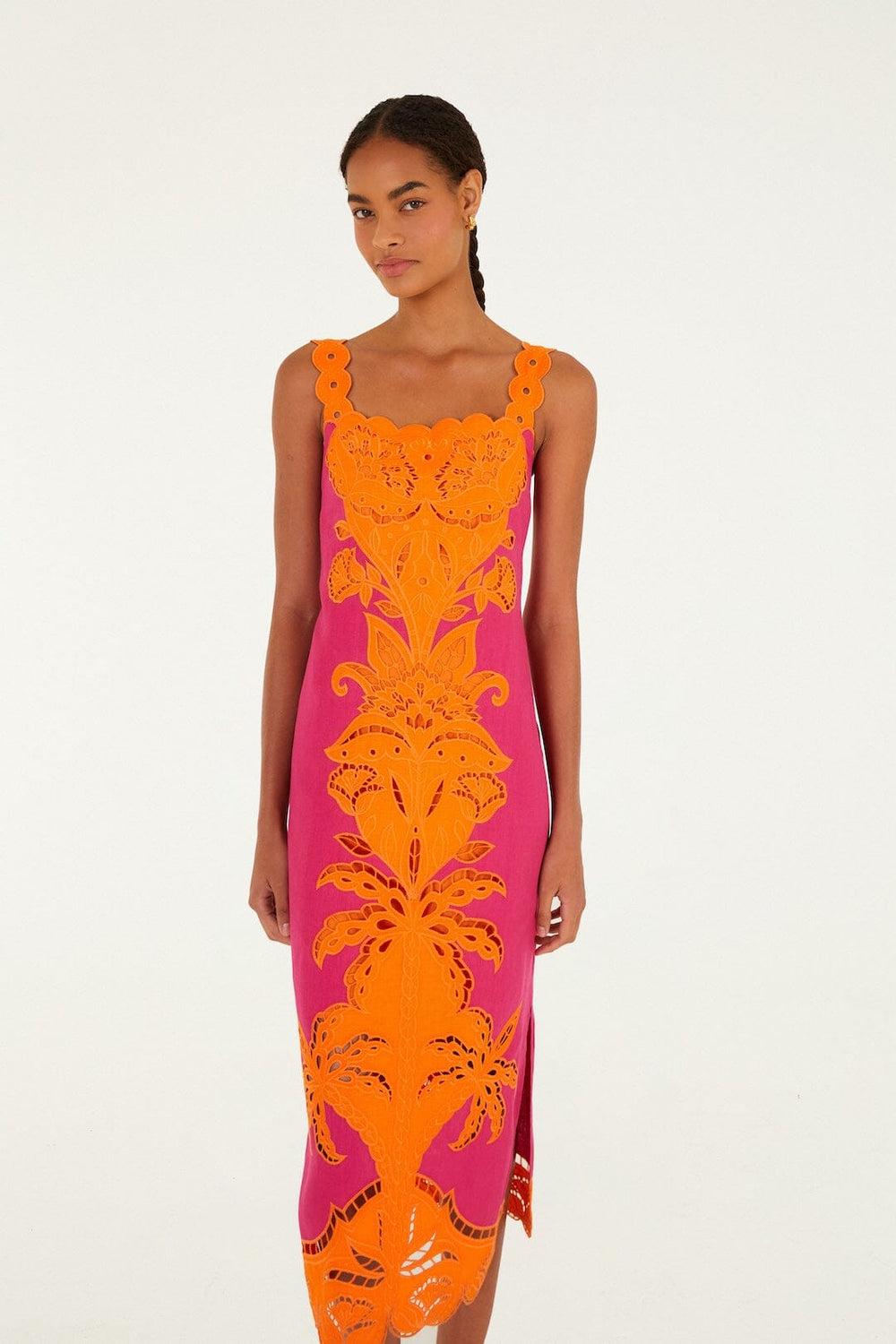 Pinke Cutwork Euroflax Premium Linen Midi Dress - FARM Rio PINK AND ORANGE