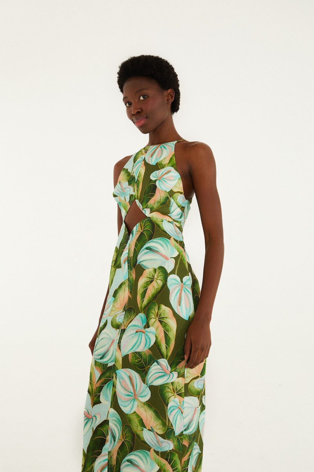 Green Anthurium Leaves Cut-Out Euroflax Premium Linen Midi Dress - FARM Rio ANTURIUM LEAVES GREEN