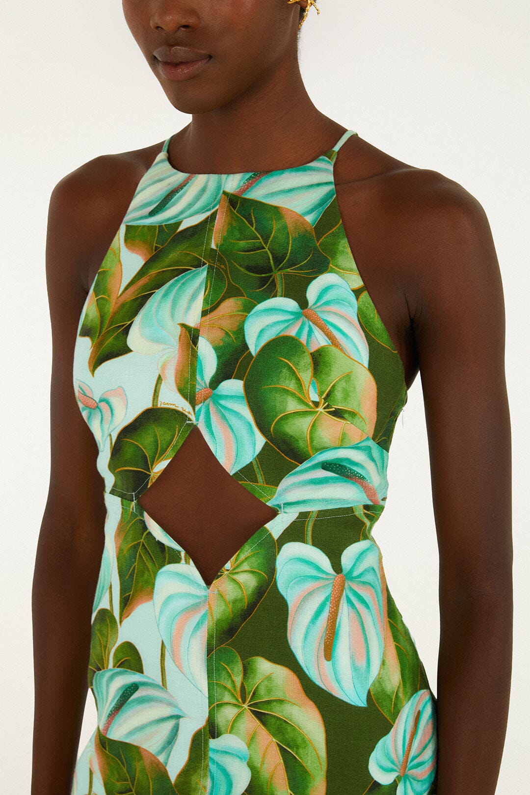 Green Anthurium Leaves Cut-Out Euroflax Premium Linen Midi Dress - FARM Rio ANTURIUM LEAVES GREEN