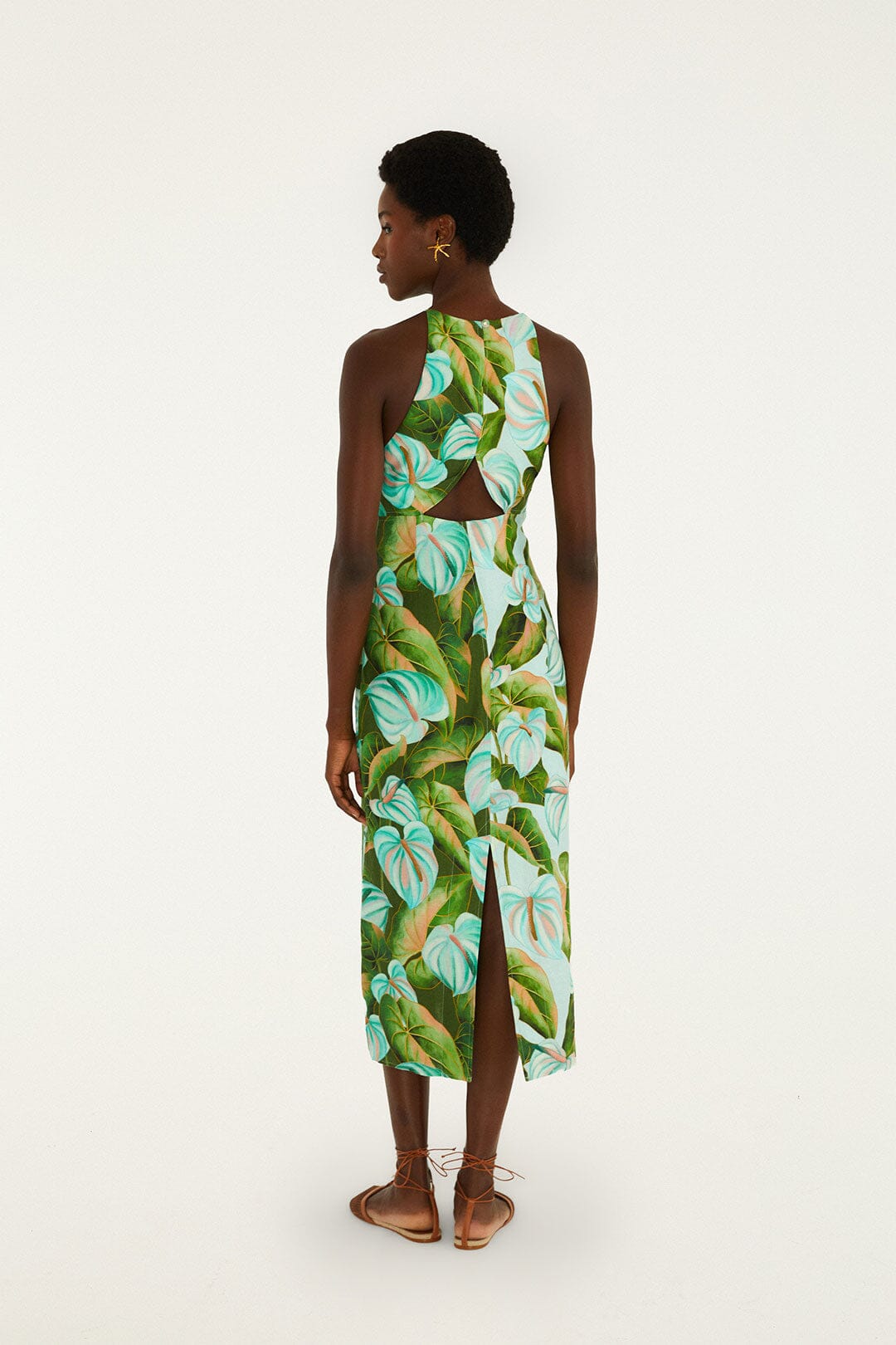 Green Anthurium Leaves Cut-Out Euroflax Premium Linen Midi Dress - FARM Rio ANTURIUM LEAVES GREEN
