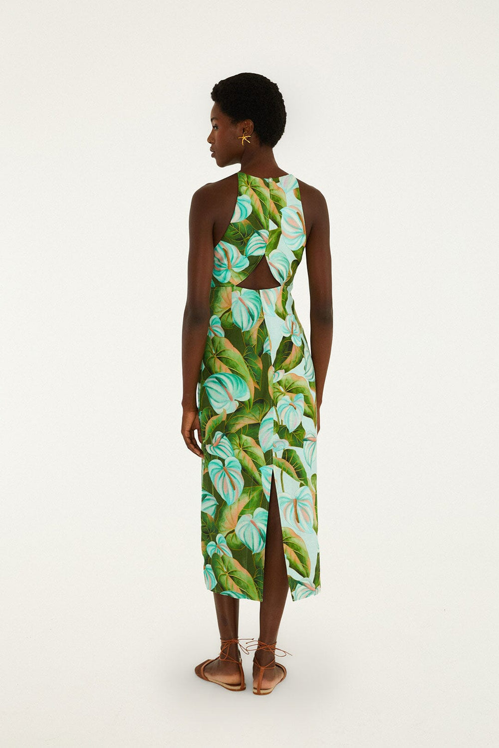 Green Anthurium Leaves Cut-Out Euroflax Premium Linen Midi Dress - FARM Rio ANTURIUM LEAVES GREEN