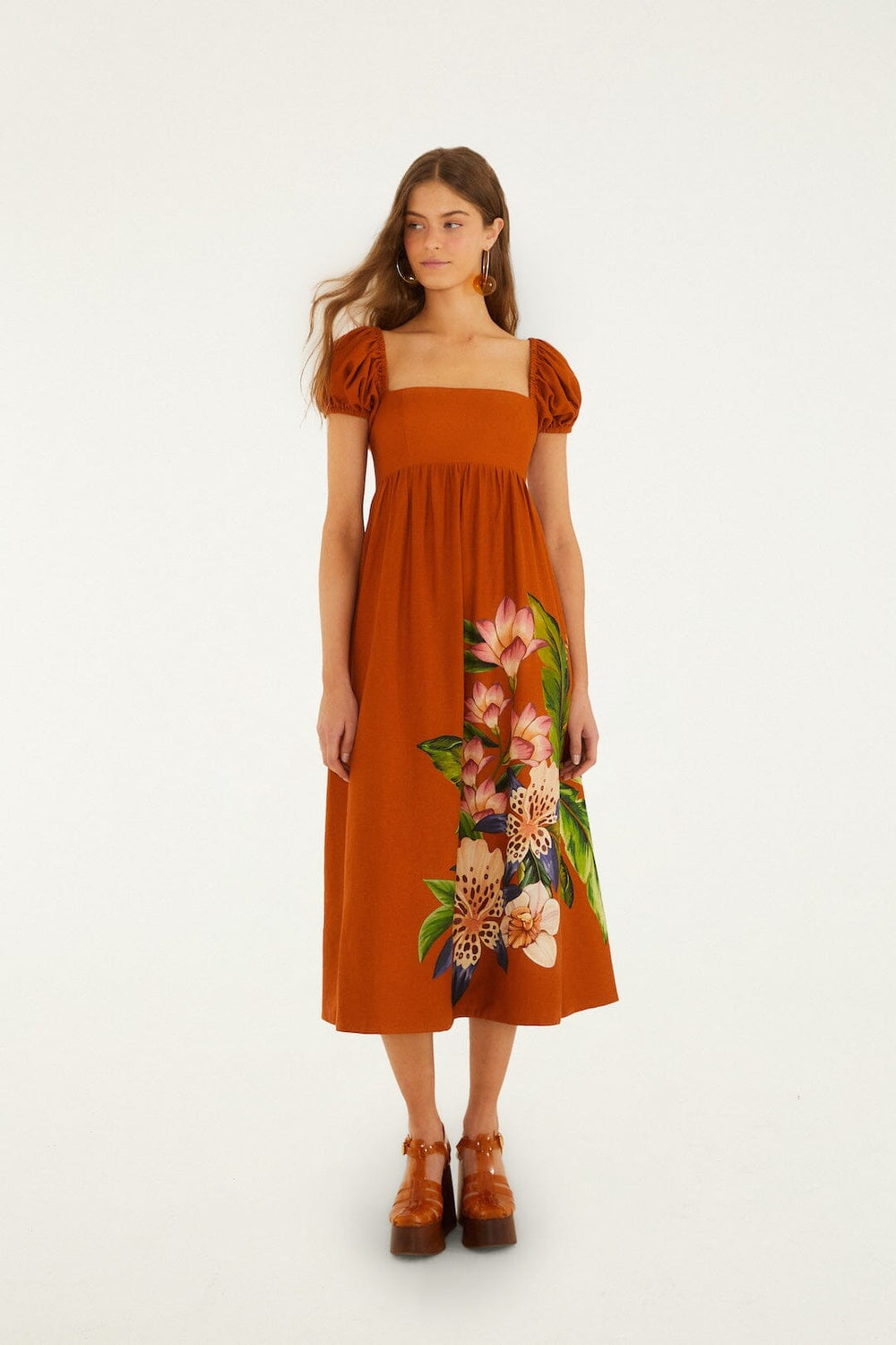 Brown Hilo Arrangment Lenzing Ecovero Euroflax Midi Dress - FARM Rio HILO ARRANGMENT SAND
