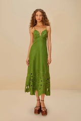 Green Monstera Embroidered Euroflax™ Premium Linen Midi Dress - FARM Rio GREEN