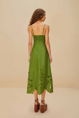 Green Monstera Embroidered Euroflax™ Premium Linen Midi Dress - FARM Rio GREEN
