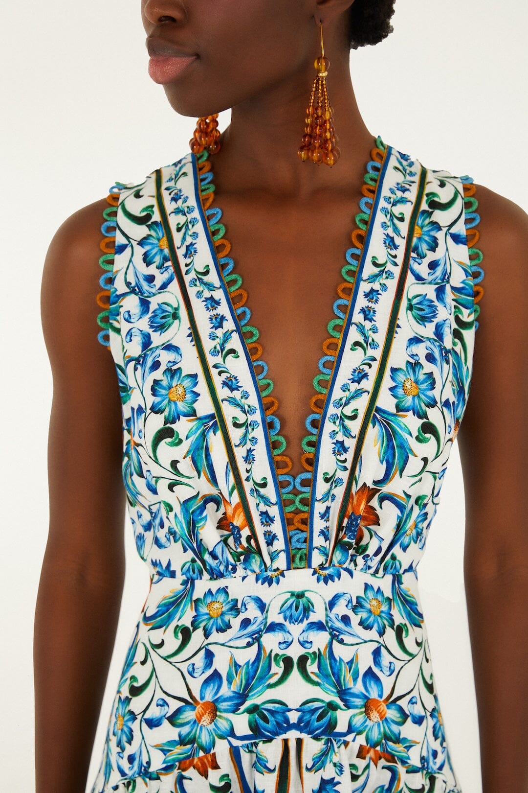 Off-White Flora Tile Scallop Euroflax Premium Linen Maxi Dress - FARM Rio FLORA TILE OFF-WHITE