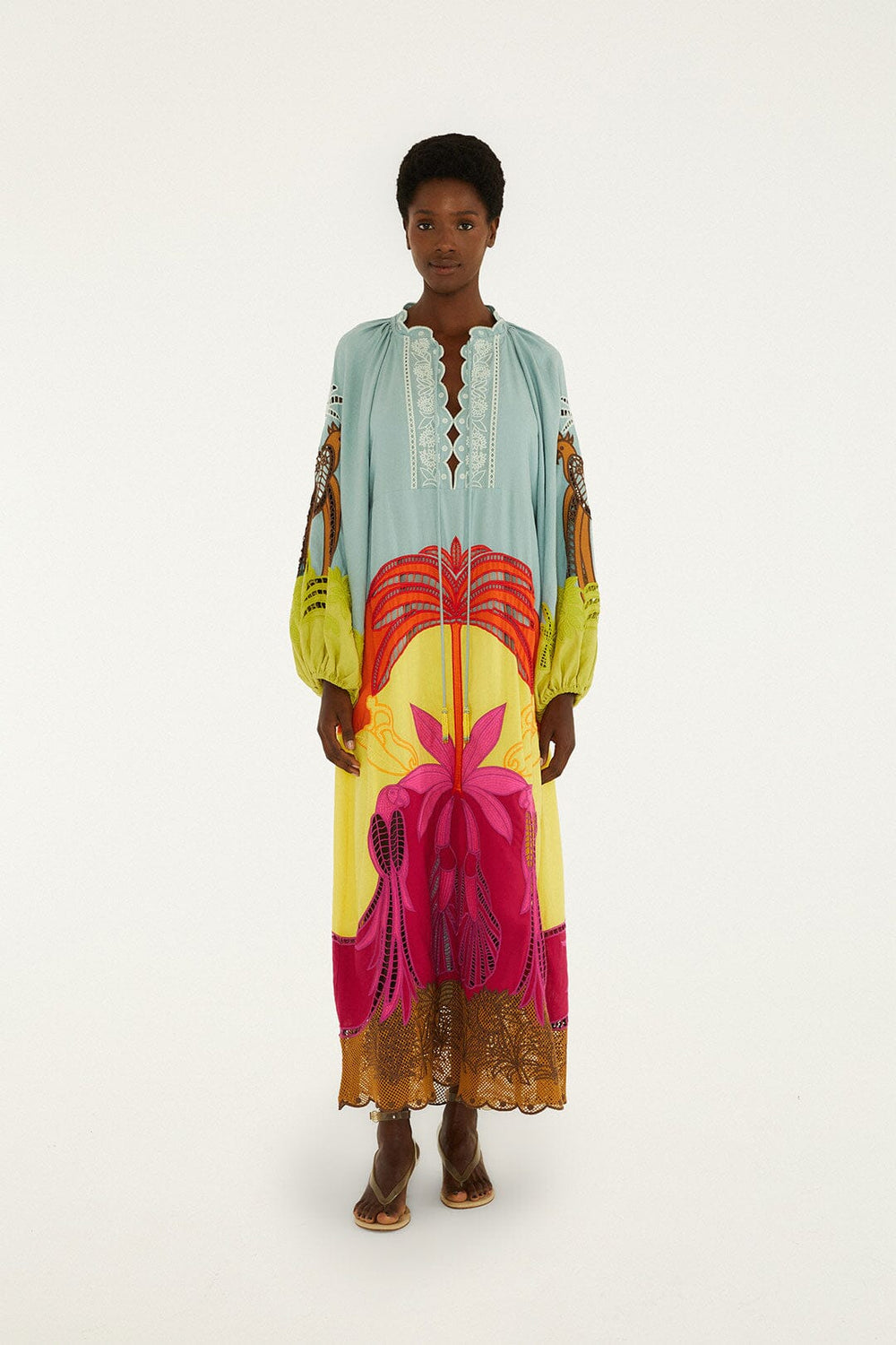 Multicolor Usiacuri Embroidered Lenzing Ecovero Euroflax Richelieu Maxi Dress - FARM Rio USIACURI MULTICOLOR