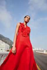 Red 3d Flower Euroflax Premium Linen Maxi Dress - FARM Rio RED