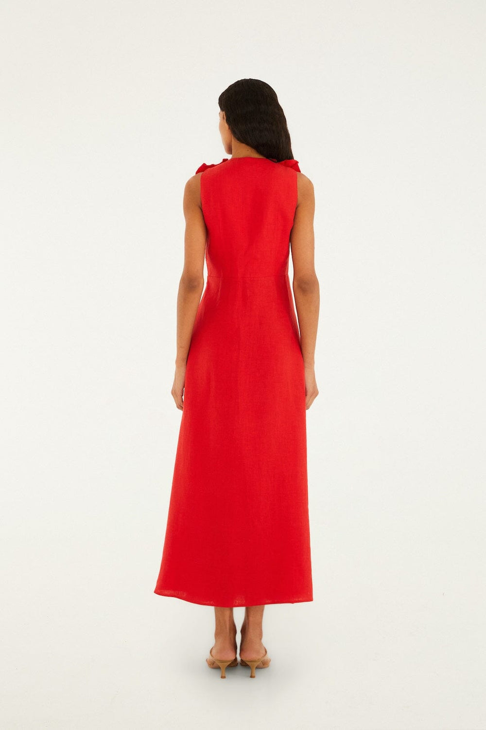 Red 3d Flower Euroflax Premium Linen Maxi Dress - FARM Rio RED