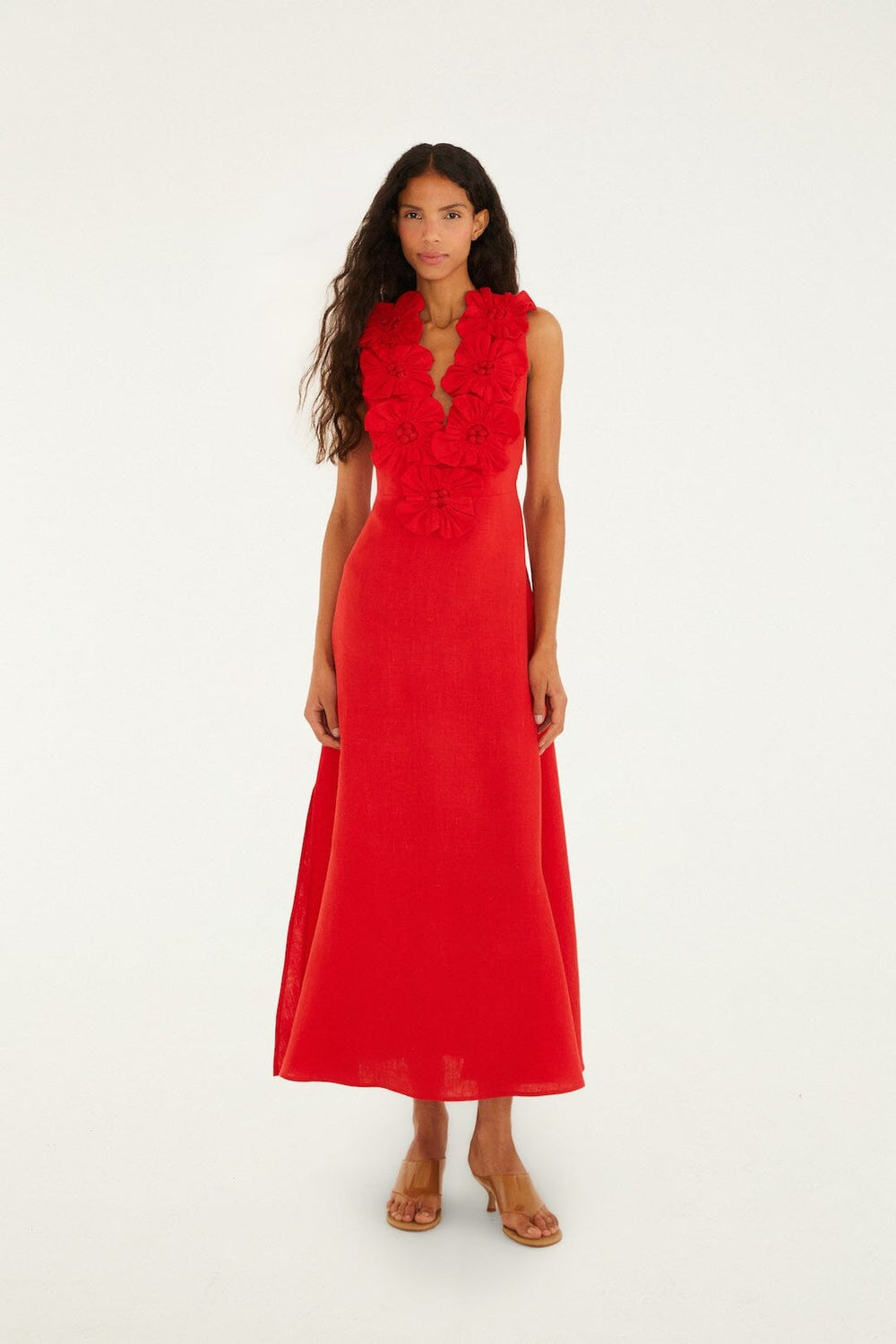 Red 3d Flower Euroflax Premium Linen Maxi Dress - FARM Rio RED