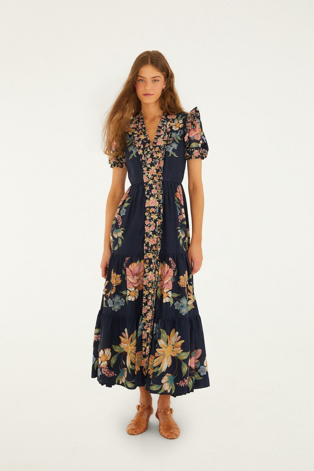 Dark Blue Maira Floral Short Sleeve Maxi Dress - FARM Rio MAIRA FLORAL DARK BLUE