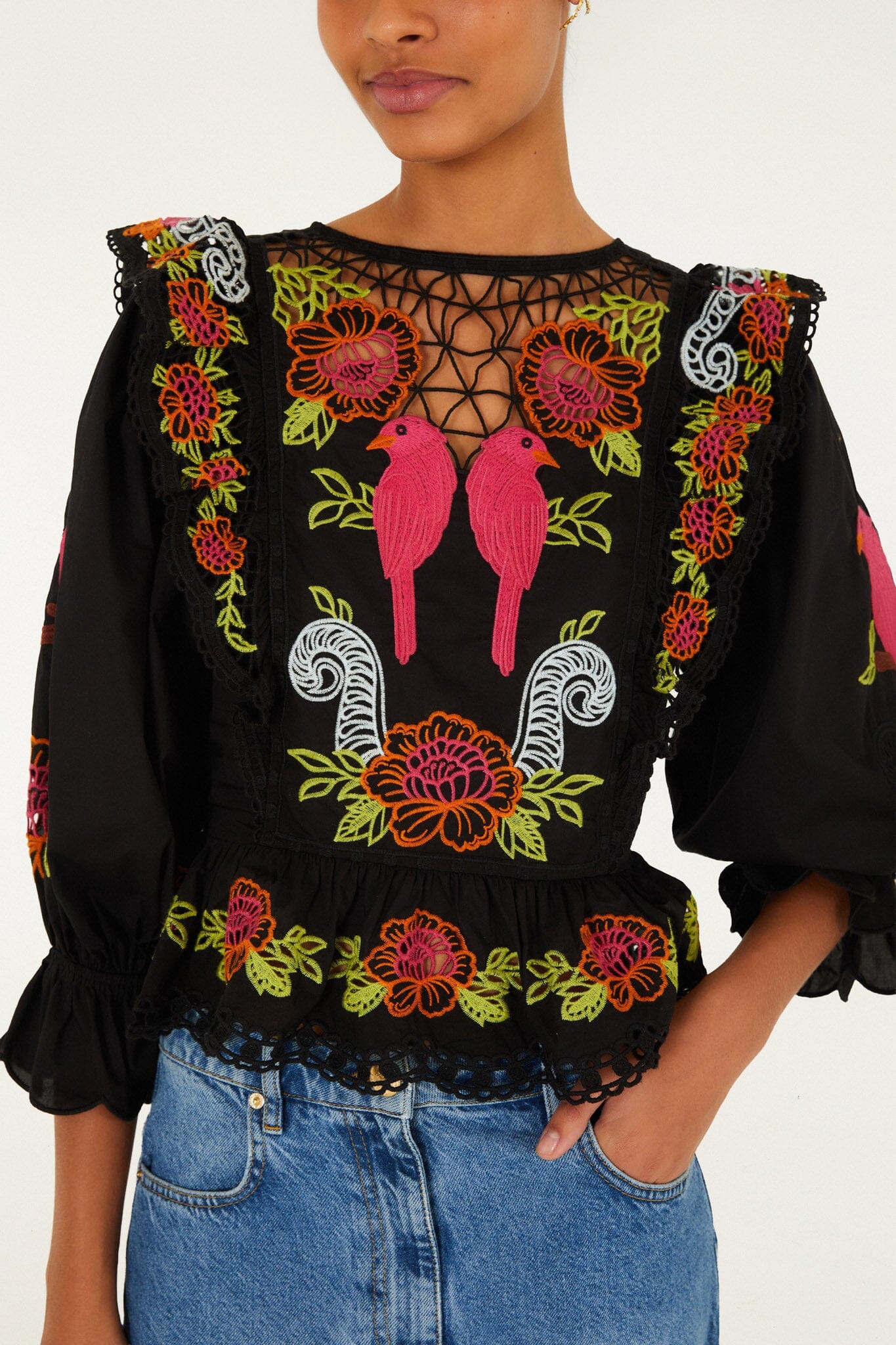 Black Mujeres Y Flores Embroidered Organic Cotton Richelieu Blouse - FARM Rio BLACK