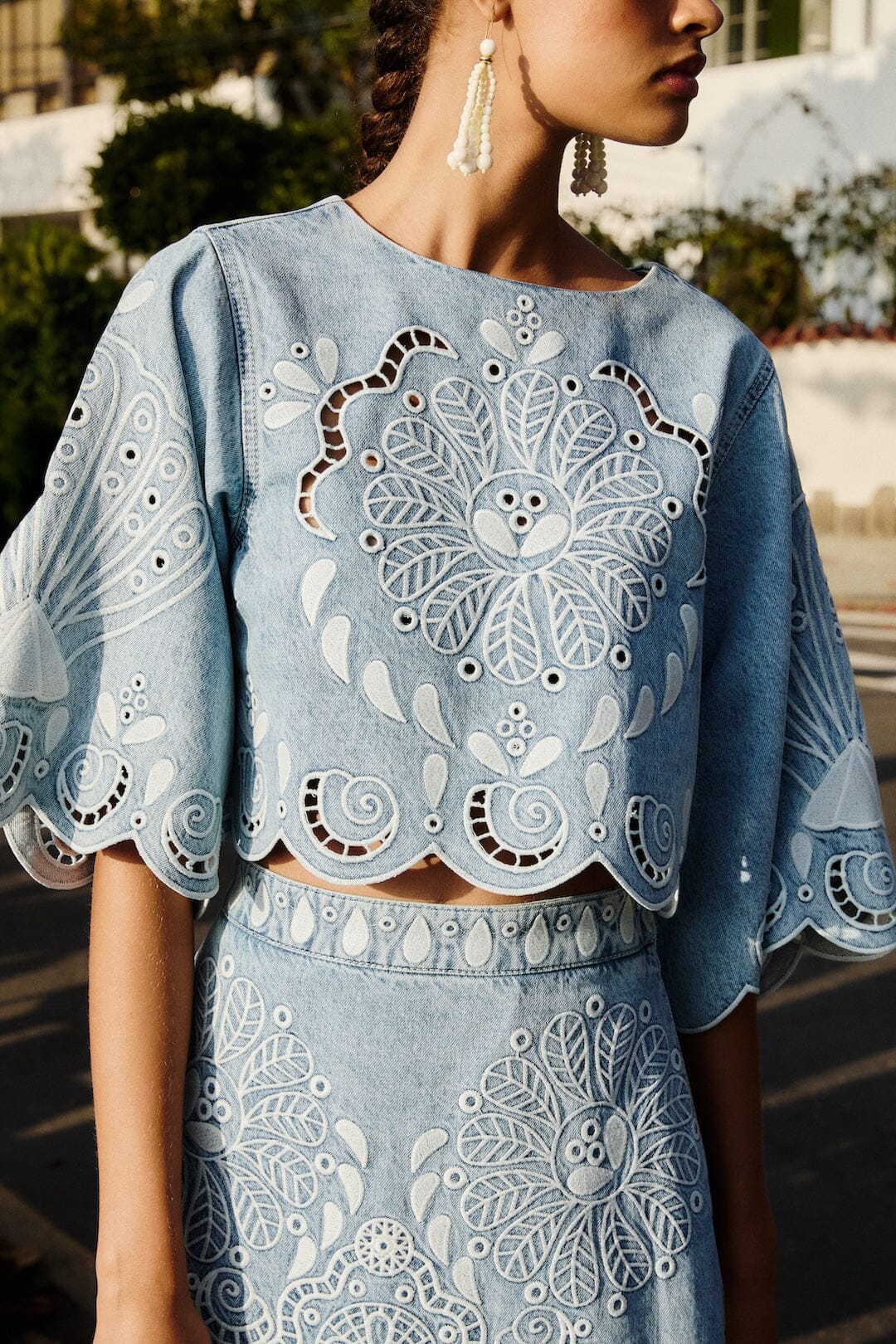 Denim Richelieu Kimono Sleeves Cropped Blouse - FARM Rio DENIM